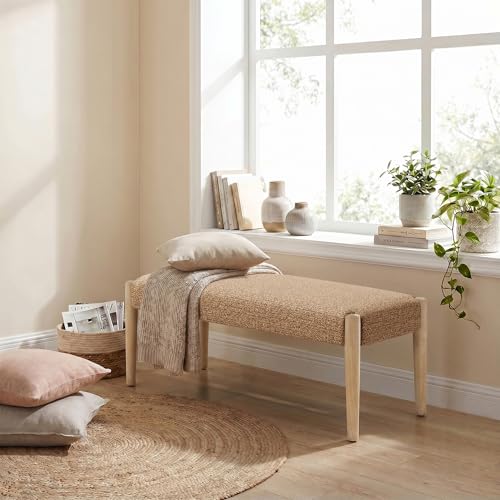 Usaint 42" End of Bed Bench with Wood Legs, Orange with Oak Leg | Modern Upholstered Bedroom Bench with Rubberwood Legs, Entryway Bench with Cushion, Dining Bench for Living Room, Bedroom - color: Orange With Oak Leg