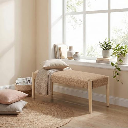 Usaint 42" End of Bed Bench with Wood Legs, Orange with Oak Leg | Modern Upholstered Bedroom Bench with Rubberwood Legs, Entryway Bench with Cushion, Dining Bench for Living Room, Bedroom - color: Orange With Oak Leg