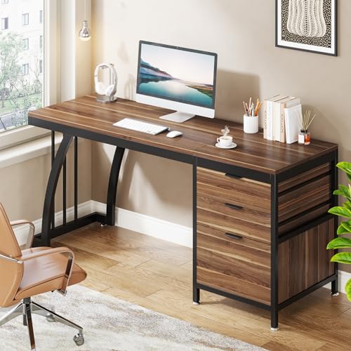 Tribesigns Computer Desk with 3 Drawers, 59-Inch PC Desk with Reversible Drawers, Industrial Study Writing Table Workstation with File Storage for Home Office, Walnut - color: Walnut