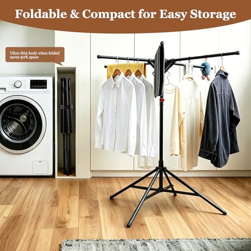 Adjustable Collapsible Umbrella Style Clothes Drying Rack, 4Legs6Telescopic Arms, Space-Saving Freestanding Laundry Airer with Windproof Clips, Easy Setup Indoor Outdoor (Black-Carbon Steel) - color: Black-carbon Steel