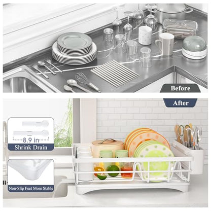 SAYZH Dish Drying Rack for Kitchen Counter with Utensil Holder, White | Stainless Steel, Large Capacity, Angled Drainboard, Rotating Spout, Removable to Clean - color: White