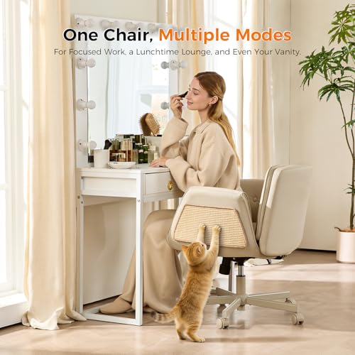 amseatec Criss Cross Office Chair, Swivel Makeup Vanity Chair with Wheels | Wide PU seat for cross-legged, fidget-friendly sitting; 5-level armrests create pet space; wipe-clean; cat scratch pad option - color: Camel Linen