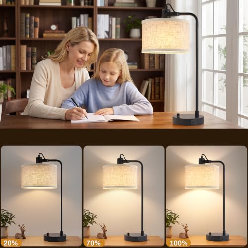 Black Table Lamp Set of 2, USB A+C, 180° Adjustable Bedside Lamps, Dimmable | Bare Bulb Compatible, Industrial Nightstand Lamp with Linen Lampshade, LED Bulbs Included, Desk Lamp for Bedroom, Living Room - color: Black-A