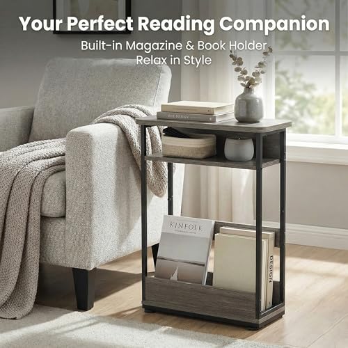 Narrow Side Table,3-Tier Slim End Table with Storage Shelf,Modern Sofa Table Thin Side Table for Narrow and Small Spaces, Skinny Bedside Table Small Nightstand with Magazine Rack Space Saving/Grey - color: Grey