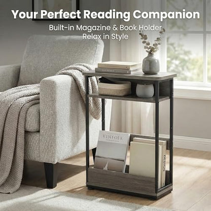 Narrow Side Table,3-Tier Slim End Table with Storage Shelf,Modern Sofa Table Thin Side Table for Narrow and Small Spaces, Skinny Bedside Table Small Nightstand with Magazine Rack Space Saving/Grey - color: Grey