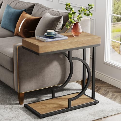 Tribesigns Narrow Side Table C Shaped End Table Modern Bedside Tables for Couch, Small Sofa Chairside Tables with Metal Frame for Living Room (2, Natural+Black) - color: Natural+black
