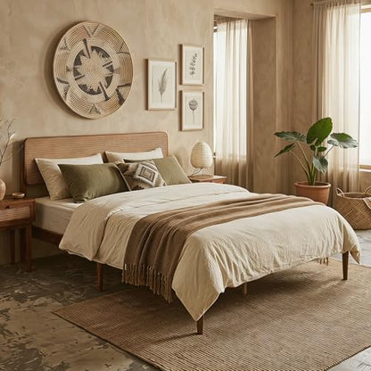 GIANTEX Rattan Queen Bed Frame, Boho Wood Platform Bed with Wicker Headboard, Wooden Mattress Foundation & Support Slats, Under-Bed Storage, Queen Size Bedframe for Adults, No Box Spring Needed - size: Queen