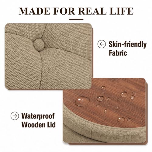 25" Round Ottoman with Storage, Small Coffee Table with Reversible Tray Lid | Tufted Fabric Round Storage Ottoman with Solid Wood Legs, 3-in-1 Footrest for Living Room, Bedroom, Entryway, Coffee - color: Coffee
