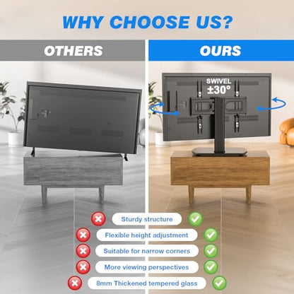 Rfiver Universal Swivel TV Stand for 27-50 55 60 Inch TVs | Height Adjustable Tabletop TV Stand Holds up to 88 lbs, Pedestal TV Stand with Tempered Glass Base, Replacement TV Mount - size: 27-60 inch