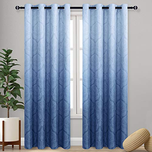 DWCN Ombre Blackout Curtains for Bedroom - Damask Patterned Thermal Insulated Energy Saving Grommet Curtains for Living Room, Set of 2 Gradient Window Curtain Panels, 52 x 84 Inches Long, Navy Blue - color: Navy Blue, size: 52"W x 84"L (Pack of 2)