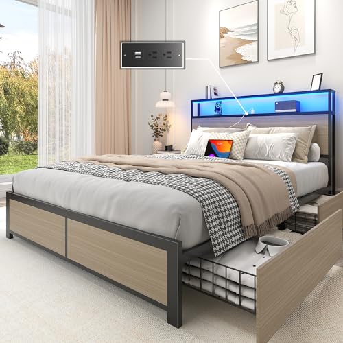 Lifezone Full Bed Frame with 2-Tier Storage Headboard, Metal Platform Bed Frame with 4 Storage Drawers, Built in Charging Station & LED, Noise-Free/Metal Support/No Box Spring Needed, Beige - color: Beige, size: Full