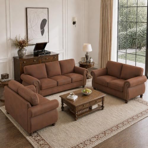 88"W Living Room Furniture Sets, 3-Seater&2 Loveseat, Caramel Rust | Faux Leather Fabric Sofa and Couch Sets, Mid-Century 3-Seater Sofa Set with Nailhead Trim - color: Caramel Rust, size: L-7 seat