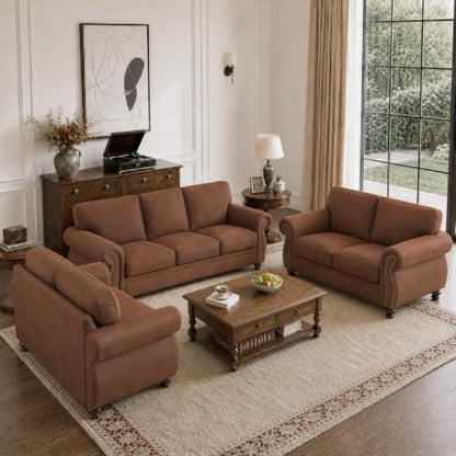 88"W Living Room Furniture Sets, 3-Seater&2 Loveseat, Caramel Rust | Faux Leather Fabric Sofa and Couch Sets, Mid-Century 3-Seater Sofa Set with Nailhead Trim - color: Caramel Rust, size: L-7 seat