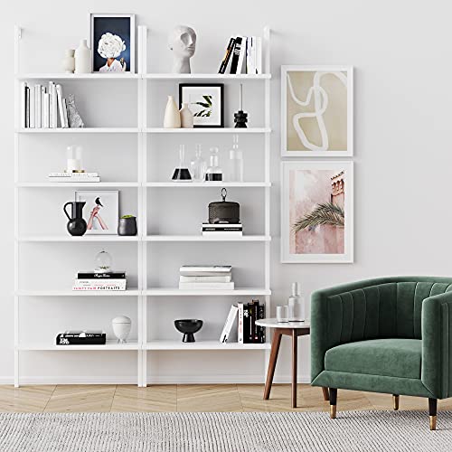 Nathan James Theo 6-Shelf Tall Modern Bookshelf, Wall Mount Ladder Shelf Bookcase with Wood and Industrial Metal Frame, Matte White - color: White, size: 1