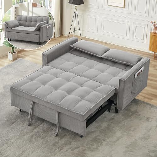 3 in 1 Pull Out Couch,Convertible Sleeper Sofa Bed, Corduroy-Light Gray | Futon Loveseat Couch with Pull-Out Bed & Adjustable Backrest Velvet Sofa with Side Pocket for Small Apartment - color: Corduroy-light Gray, size: 54.3 "