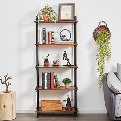 Industrial Bookshelf, Pipe Shelf Bookcase, 5 Tier, 30" Rustic Brown | Solid pine shelves, 30 inch wide, black pipe frame, 35 lbs per shelf, open bookcase for books, plants, office - color: Rustic Brown, size: 30"L × 70"H