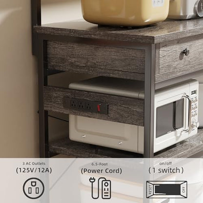 Mexin Baker's Rack with Power Outlet, 5-Tier Kitchen Storage Shelf with 2 Drawers, Industrial Microwave Stand Coffee Bar Station, 58.5" Heavy Duty Utility Rack for Spice Pots and Pans, Gray Oak - color: Gray Oak
