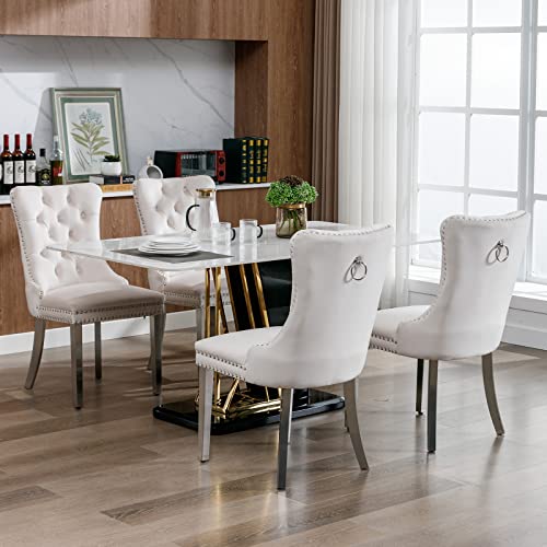 Beige Velvet Dining Chairs Set of 8, Tufted Kitchen & Dining Room Chairs | Eight Fabric Dinning Chairs, Velvet Upholstered, Wing Back, Metal Pull Ring, Chrome Legs, Wood Frame, Mid Century Modern - color: A-3 Beige Velvet, Silver Legs, size: 8
