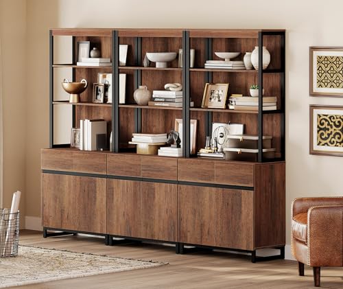 WAMPAT 3 PCS Modern 72" Tall Bookshelf with Metal Base and Adjustable Shelves, Library Bookcase with Storage Cabinet and Open Book Shelfs, Wood Bookshelves for Home Office, Living Room, Brown - color: Brown-a, size: 3 PCS