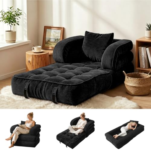 Convertible Sleeper Chair, Folding Sofa Bed with Armrests, Foldable Boneless Bed, 3-in-1 Portable Corduroy Futon Couch Floor Sofa with Pillow for Bedroom, Living Room, Black - color: Black