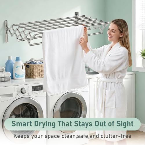Wall Mount Drying Rack for Laundry Room, Retractable Stainless Steel Towel Bar, Collapsible Accordion Clothes Dryer, Space Saving Wall Mounted Laundry Rack for Bathroom, Balcony & RV