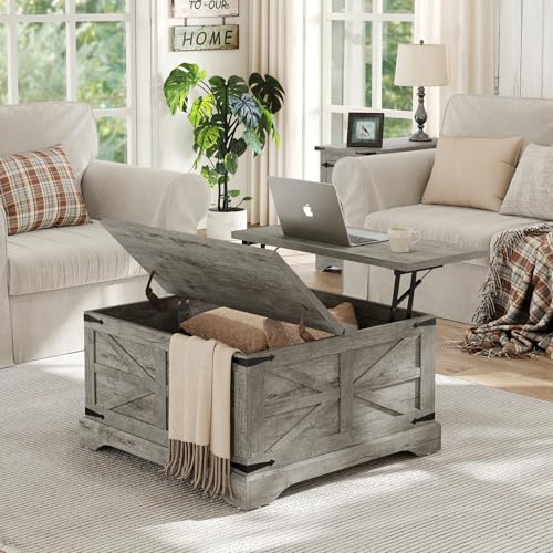 Farmhouse Lift Top Coffee Table, Square Wood Center Table with Large Hidden Storage Compartment for Living Room, Rustic Modern Table with Hinged Lift Top, Oak Grey - color: Grey Oak, size: 31.5''W