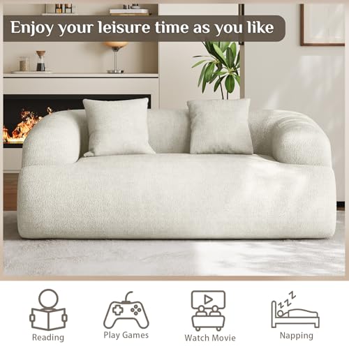 75" Boneless Cloud Loveseat, Modern Cute Curved Chenille Sofa, 2 Seater Compression Couch with 2 Pillows, No Assembly Required for Apartment Living Room, Beige White - color: Beige, size: 75''