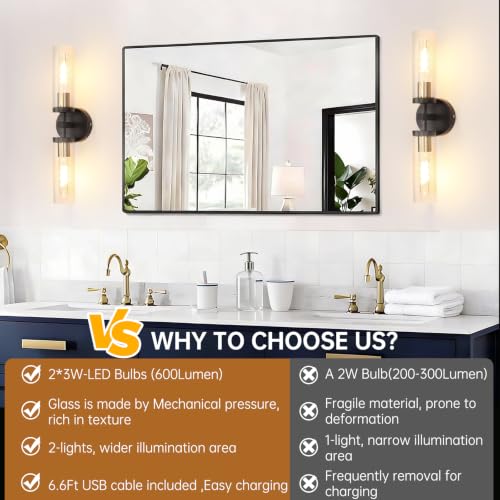 Shenmoyl Set of 2 Wall Sconces, 7800 mAh Battery Operated Wall Sconce with 3 Colors & Remote Control, Black Gold Rechargeable Wall Lamp with Clear Glass Shade for Bedroom, Bathroom, Stairwell, Hallway - color: Double-head Black&Gold - Clear Glass
