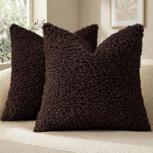decorUhome Sherpa Decorative Throw Pillow Covers 18x18 Set of 2 Chocolate | Soft Fuzzy Texture, Heart-Shaped Zipper, Cozy Square Accent Pillow Covers for Sofa Couch Living Room Bedroom, Neutral Style - color: Chocolate, size: 18" x 18" (Pack of 2)
