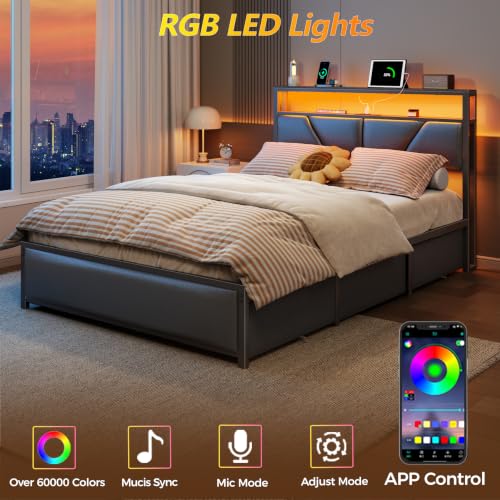 Full Size Bed Frame with Storage Headboard, 6 Drawers, LED&Charging | 2-Tier PU Leather Upholstered Headboard, Charging Station&RGB Lights, No Box Spring Needed, easy assembly, Noise-Free,Black - color: Black, size: Full