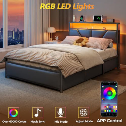 Full Size Bed Frame with Storage Headboard, 6 Drawers, LED&Charging | 2-Tier PU Leather Upholstered Headboard, Charging Station&RGB Lights, No Box Spring Needed, easy assembly, Noise-Free,Black - color: Black, size: Full