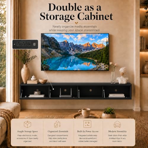 Black Floating TV Stand Wall Mounted, 72.8" Media Console | Fits Up to 80* TV, Black finish, midcentury modern tv stand. - color: Black-c
