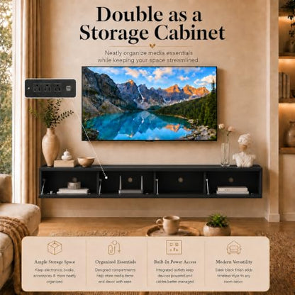 Black Floating TV Stand Wall Mounted, 72.8" Media Console | Fits Up to 80* TV, Black finish, midcentury modern tv stand. - color: Black-c