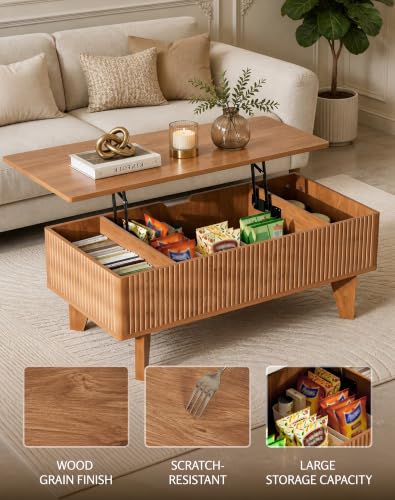 Rectangular Lift Top Coffee Table with Storage, 41.5" Mid Century Modern Living Room Center Table, Wood Fluted Coffee Table for Home Office, Walnut - color: Walnut-rectangle