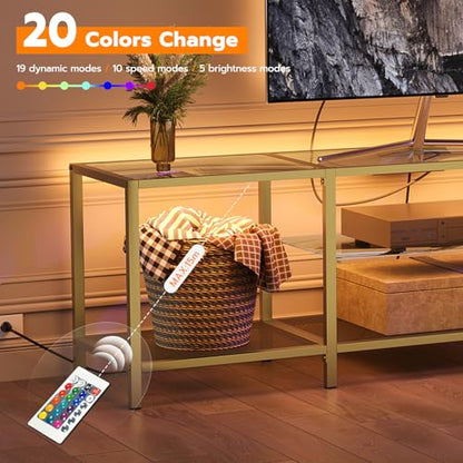 HOOBRO TV Stand with LED Lights and Power Outlets for TVs up to 75", Modern 70.9 Inch Tempered Glass TV Console Table with Open Shelves, Media Entertainment Center for Living Room, Gold GD185UDS01 - size: 70.9 Inch