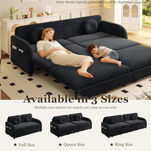 65.4'' Queen Size Sleeper Sofa Bed, 3-in-1 Pull Out Chenille Couch, Black | Cozy Curved Armrest, Loveseat with USB, 2 Round Pillows, Washable Cover, Pocket, for Living Room, Apartment, Small Spaces, RV - color: Black, size: 65.4'' Queen