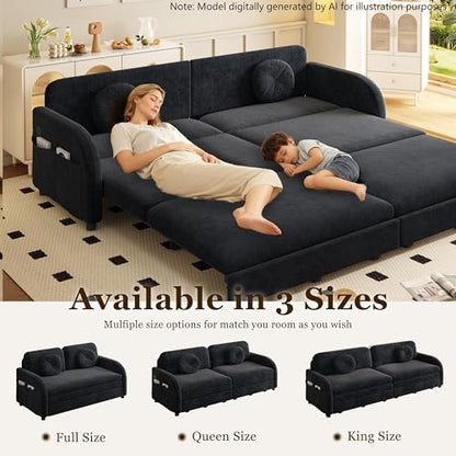 65.4'' Queen Size Sleeper Sofa Bed, 3-in-1 Pull Out Chenille Couch, Black | Cozy Curved Armrest, Loveseat with USB, 2 Round Pillows, Washable Cover, Pocket, for Living Room, Apartment, Small Spaces, RV - color: Black, size: 65.4'' Queen