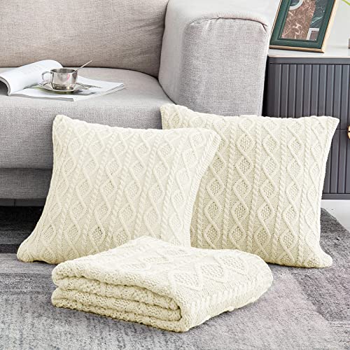 Homiest Cream White Cable Knit Throw Blanket Set of 3, with 2 Pillow Covers | Pure Acrylic, Lightweight & Breathable, All-Season Use, Machine Washable, Wrinkle & Fade Resistant, for Couch Bed And Sofa - color: Cream White, size: 50 x 60 Inch Blanket & 18