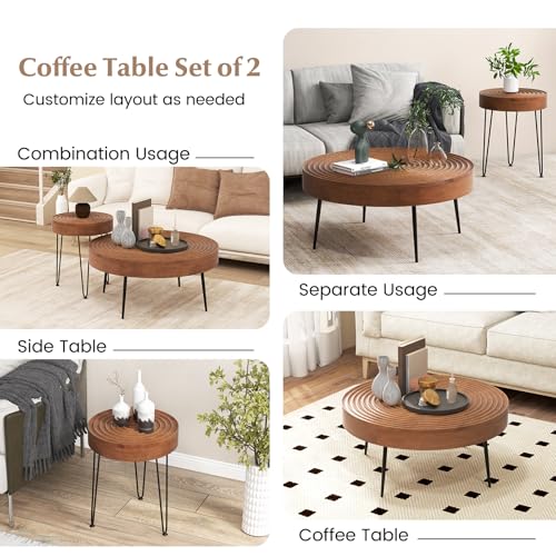 Giantex Boho Round Coffee Table Set of 2, Sofa Side Nesting Table with Solid Pine Wood Top, Metal Legs & Adjustable Foot Pads, 31.5" D Large Table Set for Living Room (Ring Pattern, Brown) - color: Brown, style: Ring Pattern