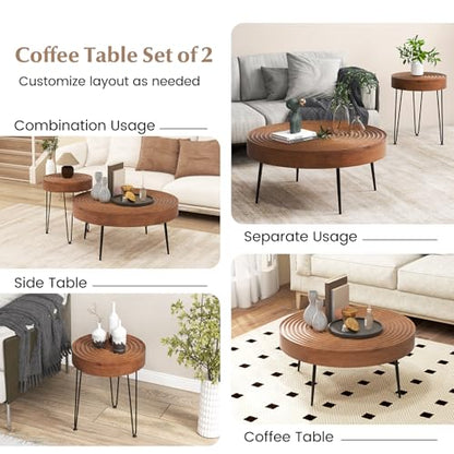 Giantex Boho Round Coffee Table Set of 2, Sofa Side Nesting Table with Solid Pine Wood Top, Metal Legs & Adjustable Foot Pads, 31.5" D Large Table Set for Living Room (Ring Pattern, Brown) - color: Brown, style: Ring Pattern