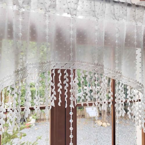White Arched Sheer Valance Boho Pompom Short Curtain Tier Crystal Beads 1PC | For Doorways Tassels Swag Curtain Room Divider Dining Room Glass Door Rod Pocket (W59 X L43 INCH,White) - size: 59"W x 43"L (Pack of 1)