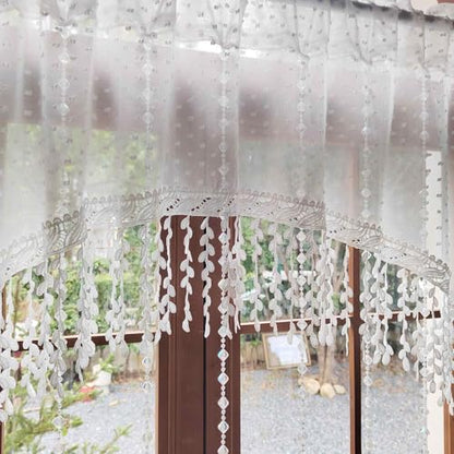 White Arched Sheer Valance Boho Pompom Short Curtain Tier Crystal Beads 1PC | For Doorways Tassels Swag Curtain Room Divider Dining Room Glass Door Rod Pocket (W59 X L43 INCH,White) - size: 59"W x 43"L (Pack of 1)