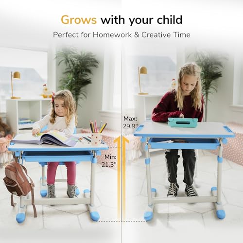 Mount-It! Kids Desk and Chair Set, Height Adjustable Sturdy, Kid Study Workstation and Chair Set for Boys, Home School, Arts, Drawing, Crafts, Ergonomic Childrens Storage Drawer Blue - color: Blue