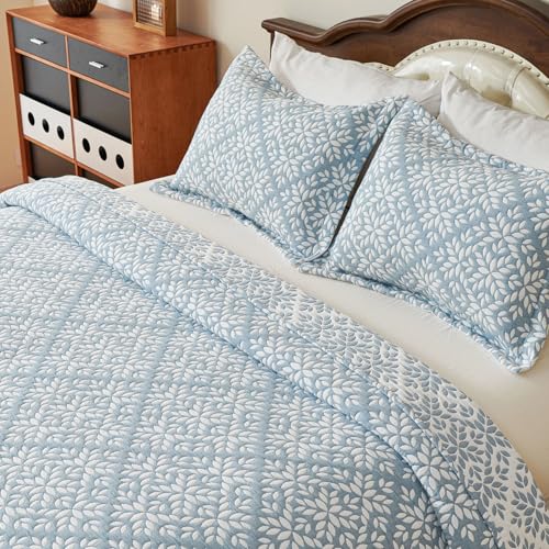 EVENHUG 100% Cotton Quilt Set King Size Bedding Sets with Pillow Shams Breathable Lightweight Bedspreads Coverlet for All Season 3 Piece (106"x96") - color: Blue White, size: King
