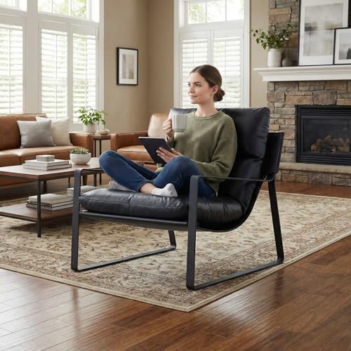 LukeAlon Modern PU Leather Accent Armchair, Black | Pu Leather Upholstered Living Room Chair With Metal Base & Thickened Cushion, Comfy Single Lounge Sofa for Bedroom, Office - color: Black