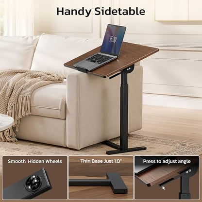 Mobile Standing Desk Adjustable Overbed Table, Pneumatic Height Adjustable Rolling Laptop Desk with Hidden Wheels, 0-180°Tilt Top Rolling Computer Cart Foldable for Home Office, Craft & Study, Brown - color: Brown, style: Fully Tiltable
