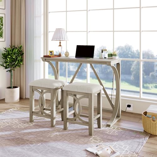 3 Piece Counter Height Dining Table Set with 2 Stools, 47.2 Inch Breakfast Nook Table for Small Spaces, Solid Wood Frame, Farmhouse Apartment Kitchen Set,White - color: White