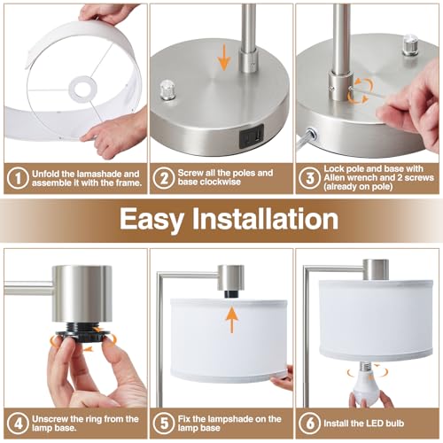 Silver Table Lamp Set of 2, Dimmable Bedside Lamps for Night Stand, USB A+C | Nightstand Lamp with Linen Lampshade, 2 LED Bulbs Included, Desk Lamp for Bedroom, Living Room, End Table, Reading , Office - color: Silver