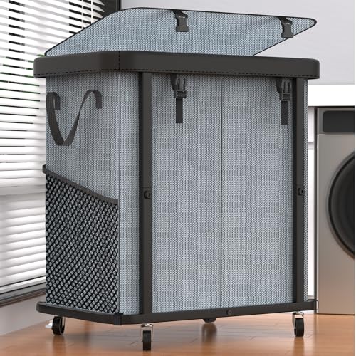 Laundry Basket with Wheels,190L (50 Gal) Laundry Hamper 2 Setion - Gray | Leather Patchwork,Sturdy Metal Frame, Removable Washable Bag, Tall Clothes Sorter for Bedroom - color: Gray, size: 2 Section-190L