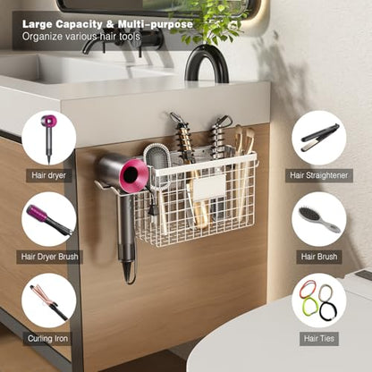 Voldra Hair Dryer Holder Cabinet Door, Adhesive Hair Tool Organizer Wall Mount Adjustable Height Blow Dryer Holder Under Sink/Countertop for Flat Curling Iron, Hair Brush and Straightener (1, White) - color: White